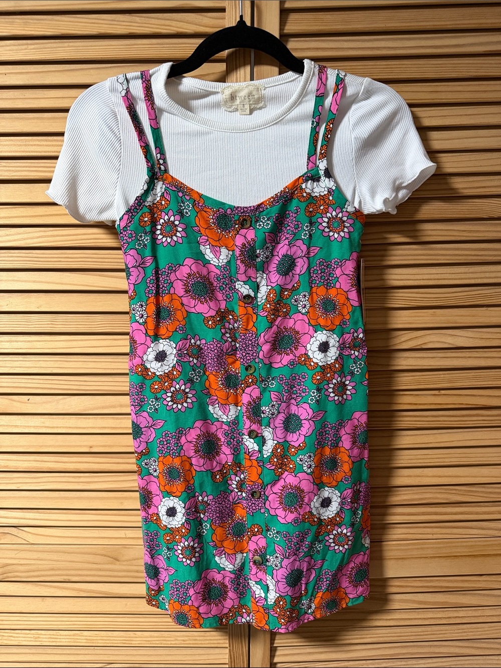 btween Green Floral Tank Dress with White Tee